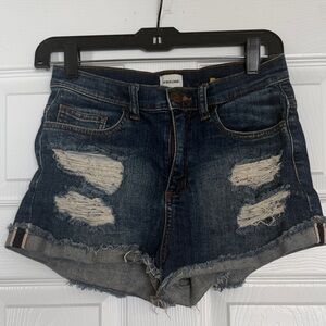 Sneak Peek Dark Blue Distressed High Rise Jean Shorts